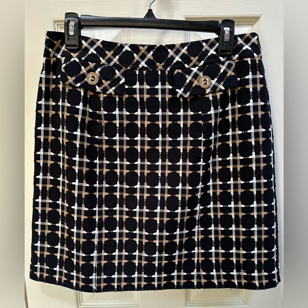 Trina Turk Short Cotton Stitched Patterned Black Tan Cream Skirt Size 8